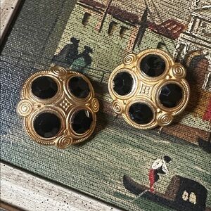 VINTAGE statement Gold & Black stone clip on Earrings